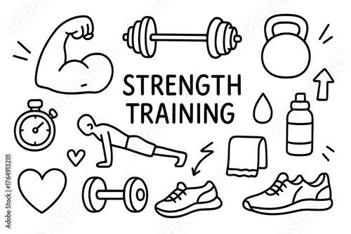 Strength Training Doodles. Strength training. Hand-drawn doodle illustration strength training flexed arm, barbell, kettlebell, push-up figure, stopwatch,