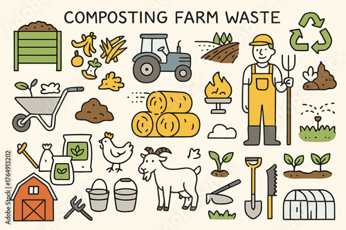Farm Composting Doodle. Composting farm waste. Hand-drawn doodle illustration compost bin (colored), farm field (colored), crop residues (colored), tractor