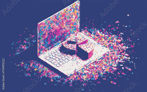 데이터 분석의 통찰력이 다채로운 색상으로 폭발하듯 펼쳐지는 노트북과 파이 차트의 추상적인 벡터 일러스트레이션으로, 디지털 혁신과 창의적인 정보 시각화를 표현합니다.