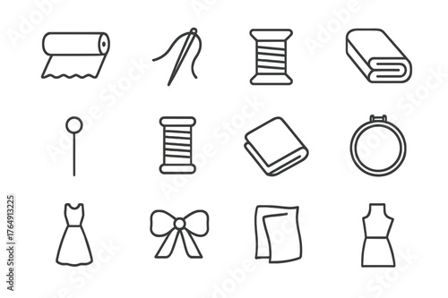 Dressmaking Icons Set. Dressmaking fabric. Line icon set of dressmaking fabric: fabric roll, sewing needle, thread, scissors, pin, spool of thread, folded
