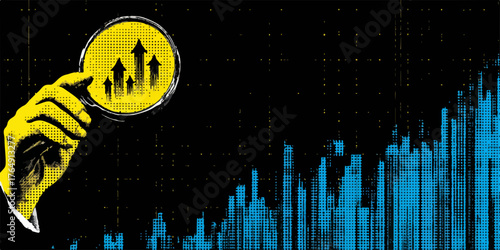 밝은 노란색 손이 상승하는 건물 실루엣을 담은 원을 들고 있으며, 이는 어두운 배경 속에서 솟아오르는 파란색 막대 그래프와 함께 긍정적인 경제 성장과 성공적인 미래를 시각적으로 표현합니다.