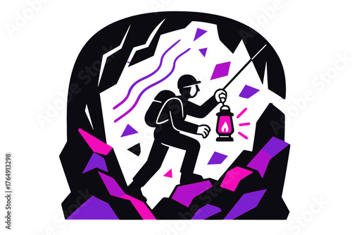 Adventurous Cave Descent. Cave. Person descending into a deep cave with lantern, floating abstract light rays and geometric rock shapes, suspenseful and