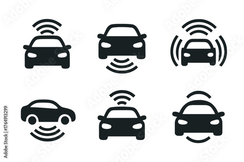 Minimal Sensor Array Logos. Autonomous Vehicles. Set Logo of Vehicle Sensor Array: Minimal outline, Negative space, Flat solid, Symmetrical form, Stylized