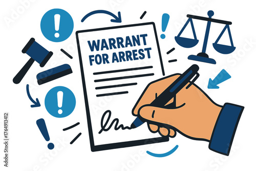 Legal Authority in Motion. Warrant for arrest. Hand signing an arrest warrant with abstract floating legal icons and exclamation marks; emphasizes authority,
