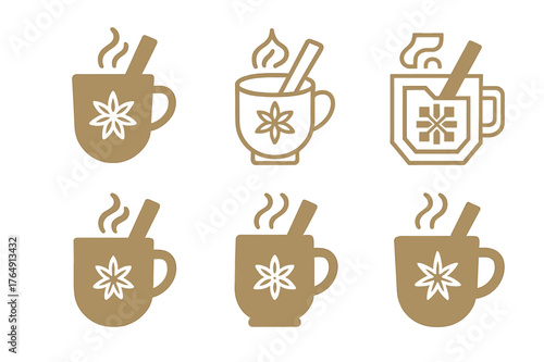 Festive Market Logos. Christmas market and festive decorations. Set Logo of Christmas market and festive decorations: a steaming mulled wine cup with cinnamon