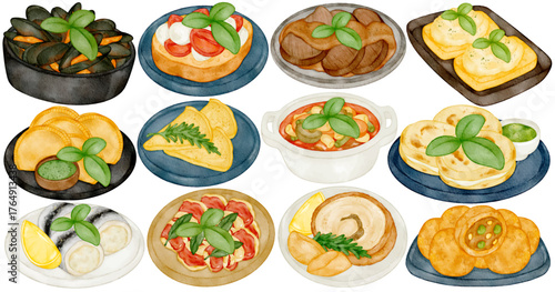 Watercolor Latin Food Clip Art Set Traditional Cuisine Taco Empanada Paella Mussels Ceviche Illustration Isolated on White Background