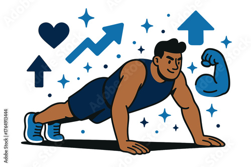 Dynamic Exercise Inspiration. Workout motivation. Individual doing push-ups with abstract floating arrows, icons, and sparkles; conveys strength,