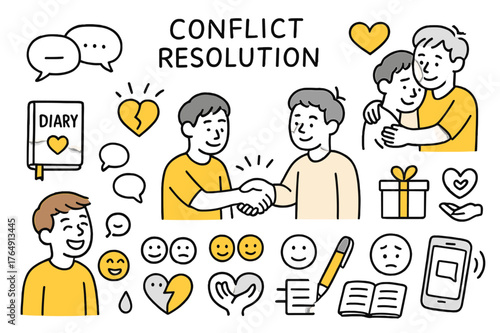 Conflict Resolution Doodles. Conflict resolution. Hand-drawn doodle illustration two friends (colored), handshake, hug, diary (colored), conversation bubbles,