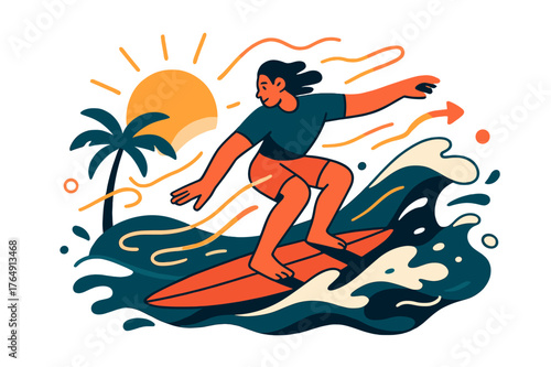 Sunrise Surfing Vibe. Surfing on the waves. Surfer catching sunrise waves with abstract floating light streaks and splashes; emphasizes vibrant tropical surf