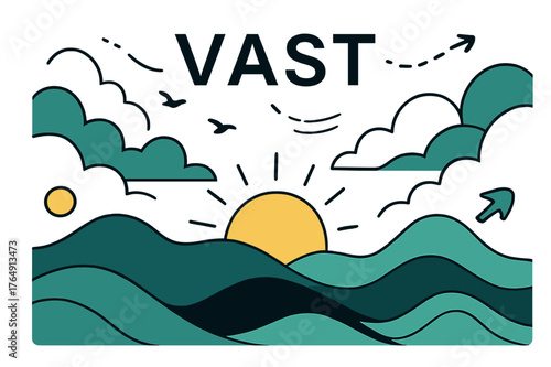 Vast Abstract Landscapes. Abstract Landscapes. Rolling shapes collide and drift like clouds over a horizon line; the word ?VAST? floats in thin sans above sun