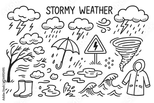 Stormy Weather Doodles. Stormy Weather. Hand-drawn doodle illustration Stormy Weather dark clouds, lightning, thunder, wind, rain, umbrella, storm warning