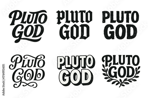 Pluto God Typography. Pluto God. Set lettering. harmonious lettering variations of the same emblematic concept (Bold hand-lettering with playful swashes,
