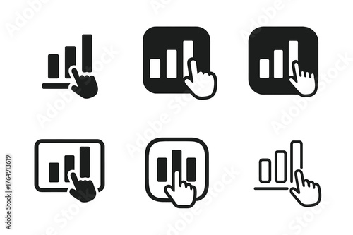 Logo Variations Grid. Poll and survey. Set Logo of Poll and survey: bar chart with tap cursor. harmonious logo variations of the same emblematic concept, each