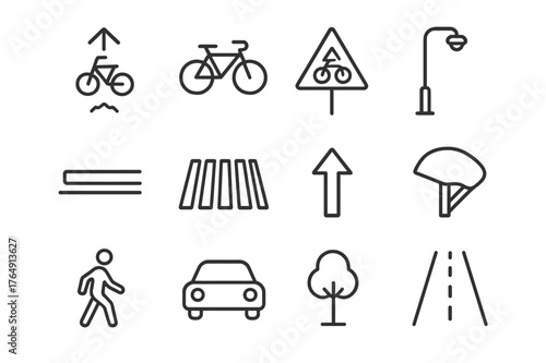 Cyclist Infrastructure Icons. Cyclist infrastructure. Line icon set of cyclist infrastructure: bike lane marking, bicycle, traffic sign, street light, curb,