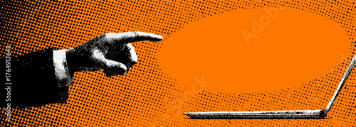 디지털 시대의 커뮤니케이션과 정보 교환을 상징하는 이 벡터 그래픽은, 손가락이 노트북 화면의 빈 공간을 정확히 가리키며 새로운 아이디어와 상호작용의 시작을 암시합니다.