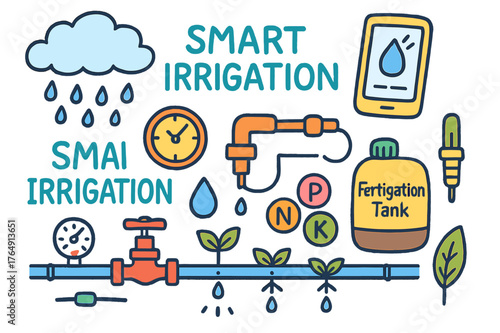 Smart Irrigation Doodles. Smart irrigation and fertigation. Colorful Hand-drawn doodle Children illustration Smart irrigation and fertigation drip line,
