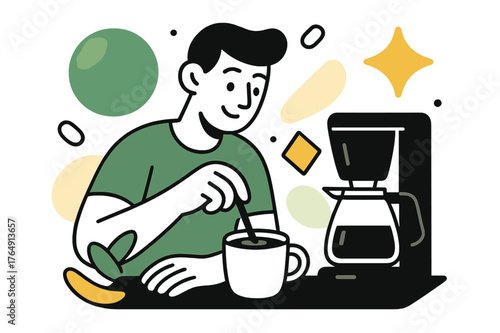 Geometric Coffee Stir. Coffee Station. Person stirring coffee with floating abstract geometric shapes and soft light reflections, warm and relaxing moment.