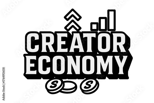 Geometric Creator Economy. Creator Economy ? bold block geometric lettering; thick uppercase with geometric serifs, heavy outer outline, strong cast shadow;