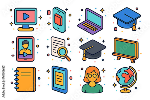 Educational Icons Grid. Educational resources. Colorful isometric vector icons set of educational resources: online course, e-library, laptop, textbook, video