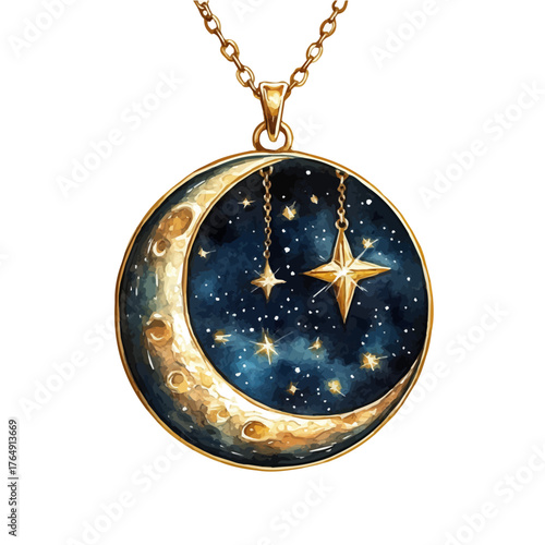 Moon Pendant, watercolor vector, isolated on a white background.