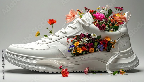 A sleek white sneaker with the sole peeling away like a ribbon, revealing an inner layer of vibrant blooming flowers