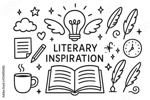 Literary Inspiration Icons. Literary inspiration. Hand-drawn doodle illustration literary inspiration light bulb, open book, feather, cloud, stars, heart,