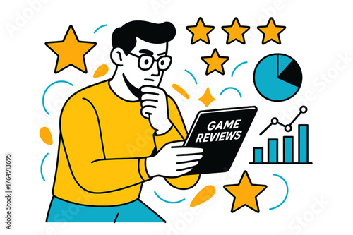 Gamer Reviewing Stats. Game Reviews. Gamer analyzing stats on a tablet with floating abstract rating stars and geometric charts, precise and thoughtful mood.