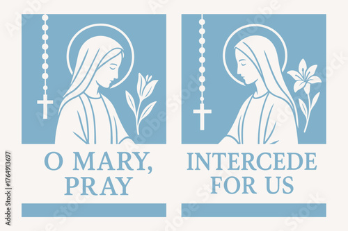 Marian Prayer Banners. Marian Intercession. Two vertical A6 banners with safe margins, centered composition, no elements touching edges, flat vector design,
