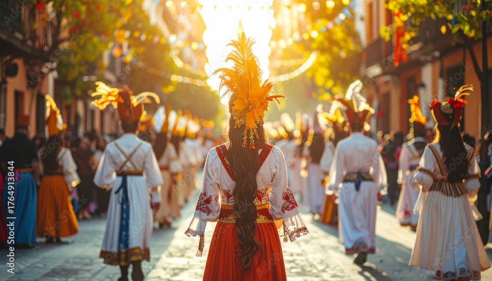 Obraz premium Fiesta de Santiago: Woman in Traditional Spanish Costume Leading a Parade at Sunset