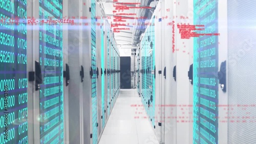 Scene opening showing servers lining corridor with teal streams and red code scrolling fading