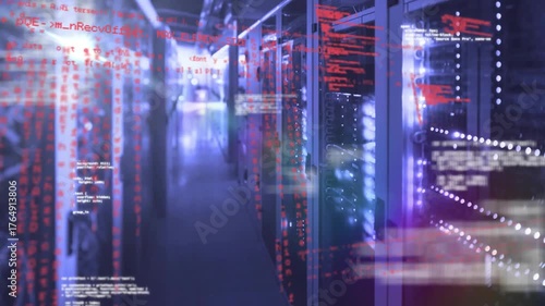 Faint white text bits showing over aisle starting red streams cascading past racks showing data