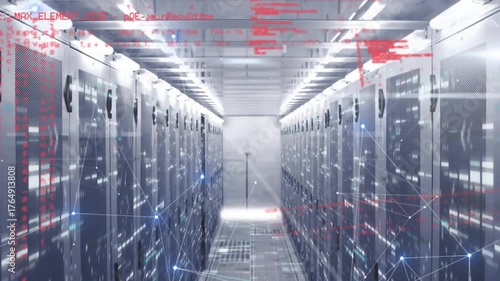 Red code text emerging in server corridor initiating blue node mesh pulsing to represent data flow