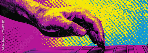 생동감 넘치는 색상과 추상적인 배경 속에서 손이 디지털 키보드를 통해 창의적인 에너지를 표현하며 현대적인 예술적 감각을 전달하는 역동적인 일러스트레이션.