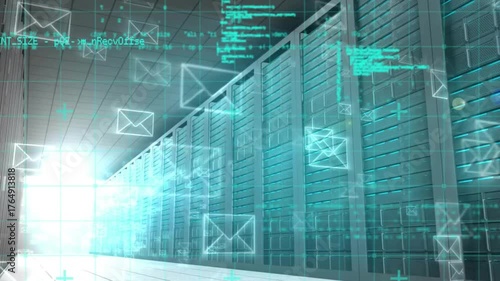 Grid lines initiating envelope icons and drifting code, showing email flow in server corridor