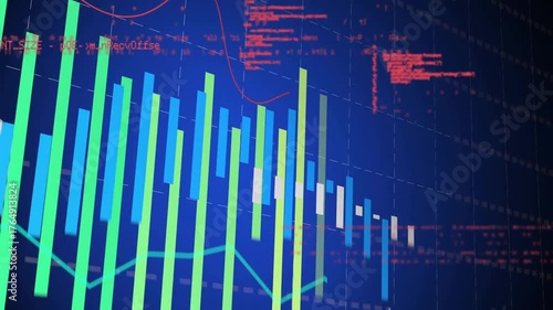 Bars fading in, growing in size while red code and trend line scrolling showing data trends