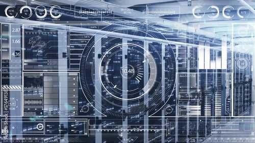 On scene load server aisle HUD, central gauge and bars updating to monitor rack performance