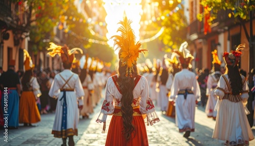Fiesta de Santiago: Woman in Traditional Spanish Costume Leading a Parade at Sunset