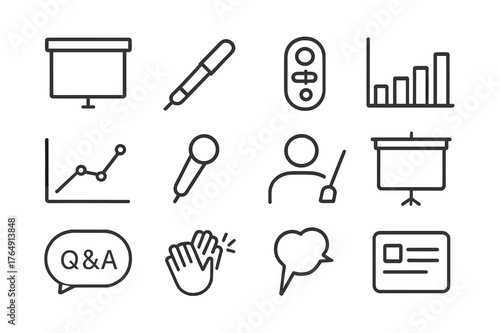 Presentation Icon Set. Presentation. Line icon set of Presentation: slide deck, laser pointer, clicker remote, bar chart, line graph, microphone, pointer