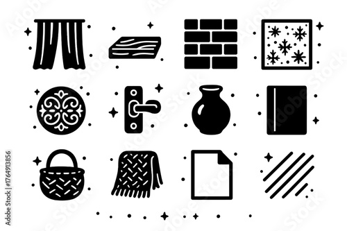 Window Texture Icons. Window Light and Textures. Solid icons set of Window Light and Textures: linen curtain, wood grain sill, brick wall, frosted glass, lace