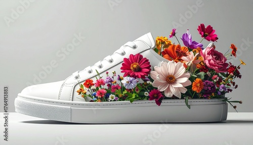 A sleek white sneaker with the sole peeling away like a ribbon, revealing an inner layer of vibrant blooming flowers