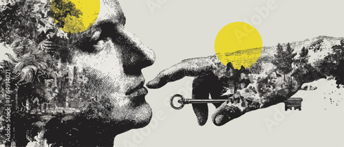 자연과 인간의 정신이 융합된 초현실적인 벡터 일러스트레이션으로, 지혜와 통찰력을 상징하는 열쇠가 새로운 깨달음을 선사하는 장면을 묘사합니다.