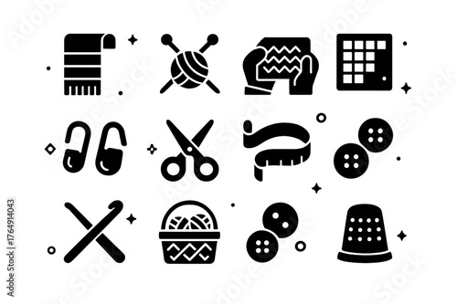 Knitting Tools Icons. Knitting Session. Solid icons set of Knitting Session: scarf, knitting needles, yarn ball, hands, pattern chart, stitch