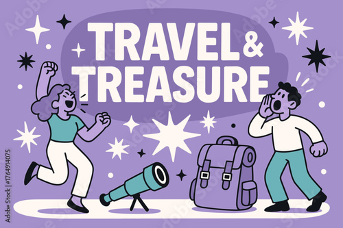 Adventure and Discovery. Travel and treasure banner, flat vector illustration, bold oversized text inside rounded blob, cartoon characters shouting and