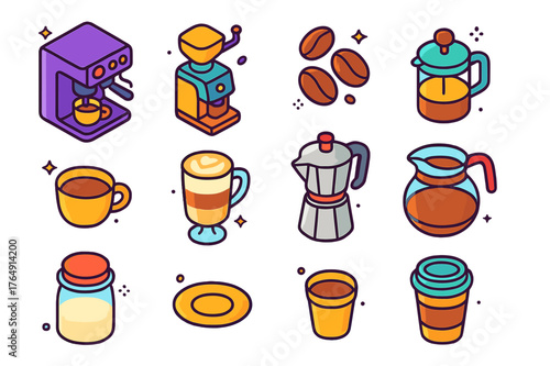 Barista Tools Icons. Barista tools. Colorful isometric vector icons set of barista tools: espresso machine, coffee grinder, coffee beans, French press, coffee