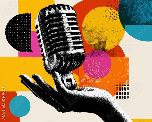 다채로운 색상과 독특한 질감의 기하학적 도형들이 어우러진 추상적인 배경 위에, 손이 빈티지 마이크를 들고 있는 예술적인 벡터 일러스트레이션이 시선을 사로잡습니다.
