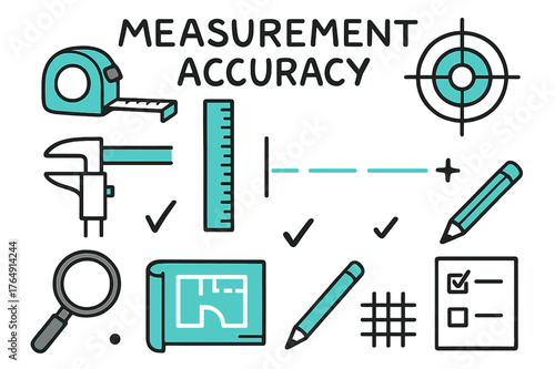 Measurement Tools Doodle. // Measurement accuracy. Hand-drawn doodle illustration Measurement accuracy [tape measure (accented), ruler (accented), target