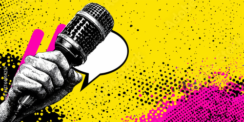 복고풍 마이크를 든 손과 말풍선이 강렬한 색상의 그런지 배경과 어우러져 소통과 표현의 중요성을 시각적으로 강조하는 예술적인 벡터 이미지입니다.