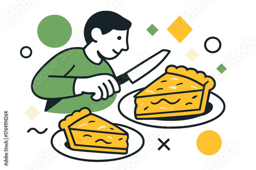 Geometric Pie Slice. A Person Slicing into a Homemade Pie with Flaky Crust and Delicious Filling. Slice of pie on a plate with floating abstract geometric