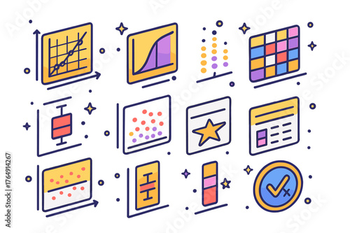Colorful Statistical Plot Icons. Statistical plots. Colorful isometric vector icons set of Statistical plots: QQ plot, cumulative distribution curve, density