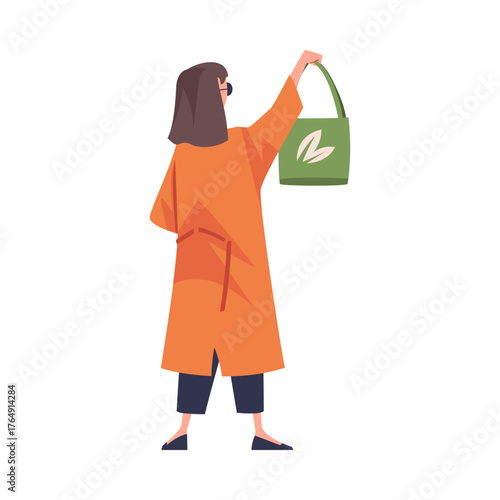 Woman Character in Eco Market with Shopping Bag Vector Illustration